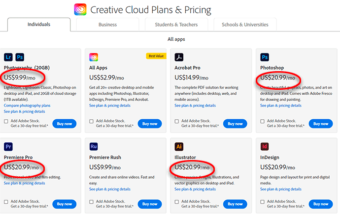 Цены на программы Adobe Photoshop, Illustrator и Premiere в Creative Cloud