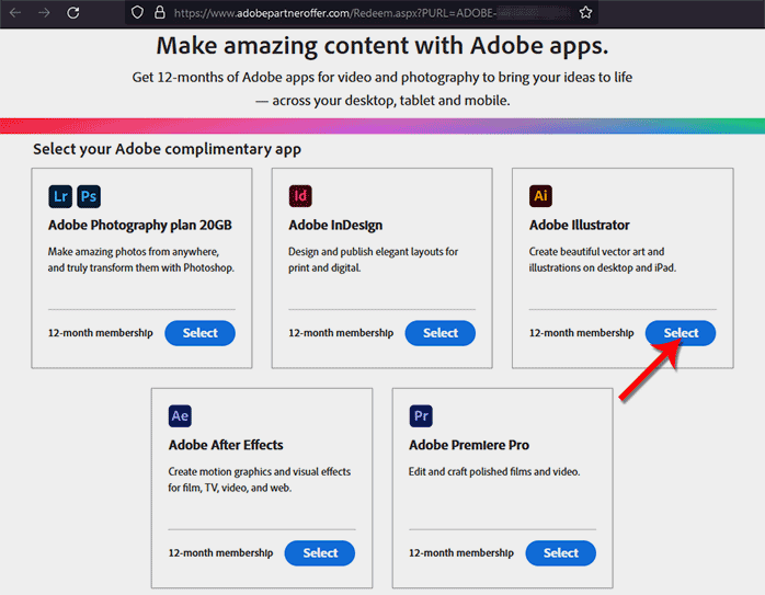 Выбор приложения Adobe Creative Cloud