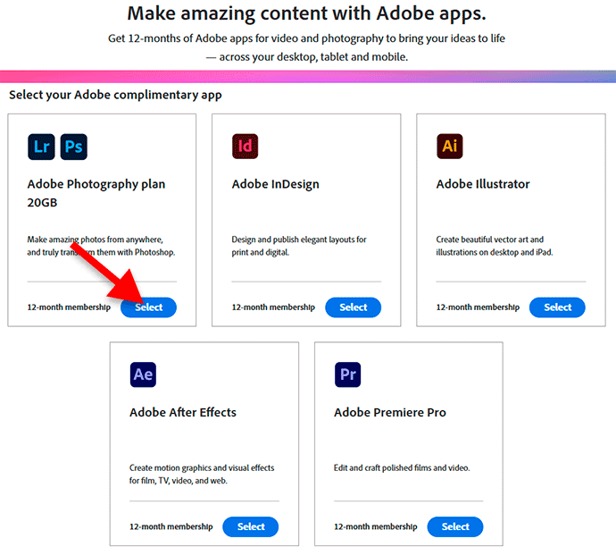 Выберите одно из пяти приложений Creative Cloud