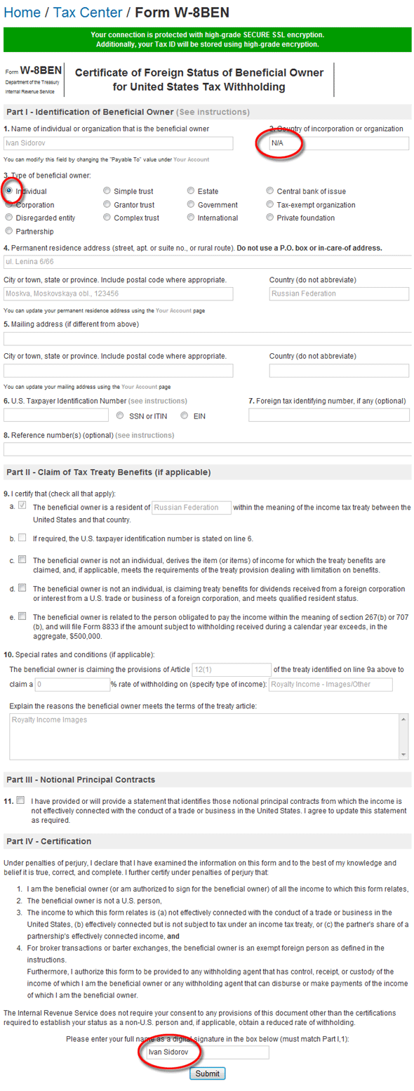 BigStockPhoto form W-8BEN