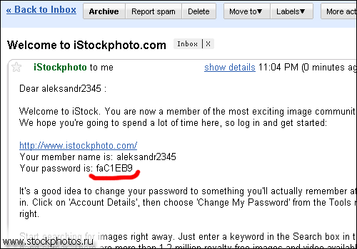 Проверяете почту, должно придти письмо с паролем для входа на сайт istockphoto