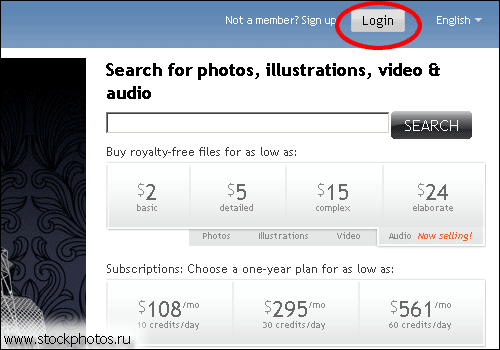 Для входа в свою учетную запись на istockphoto нажимаете на Login